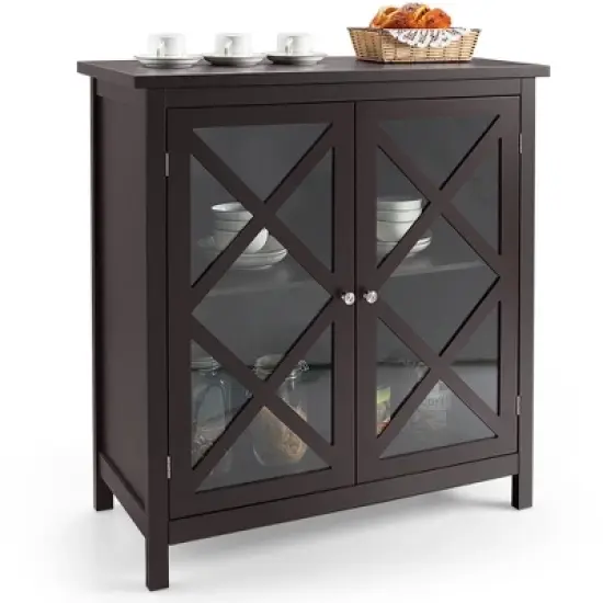 Costway Kitchen Buffet Sideboard Storage Cabinet w/Glass Doors & Adjustable Shelf White\Brown image {10}