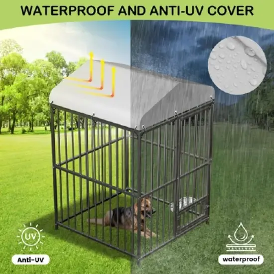 Large Outdoor Dog Kennel, Metal Dog Cage with Waterproof Roof, Rotating Feeding Bowl and Lock, for All Dog Breeds for Backyard image {6}
