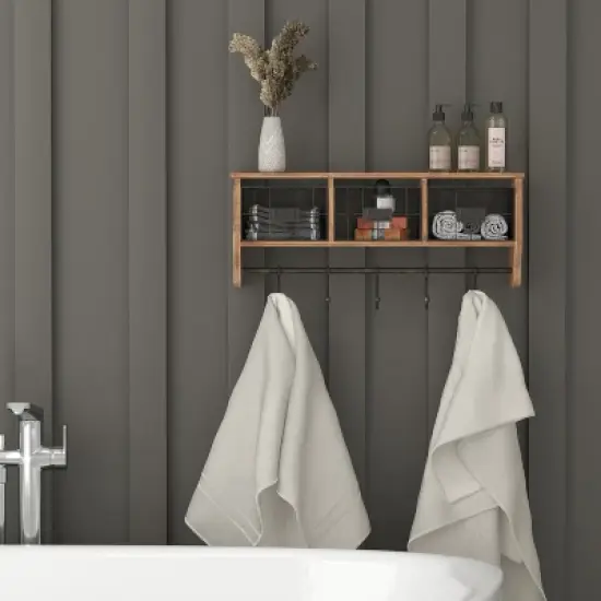 Merrick Lane Wall Mount 24 Inch Solid Pine Wood Storage Rack with Upper Shelf, 5 Hooks, and Wire Baskets for Living Room, Kitchen, or Entryway image {2}