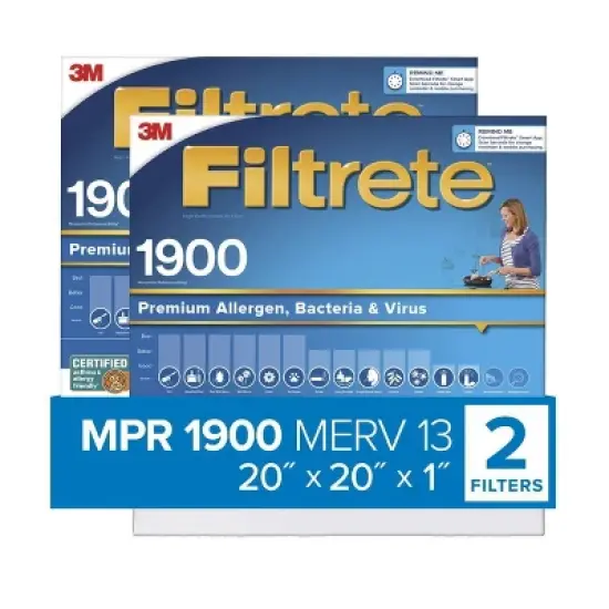 Filtrete 2pk 1900 Ultimate Allergens, Bacteria and Virus 20X20: MERV 13 Electrostatic Furnace & AC Filter 20x20x1 image {2}