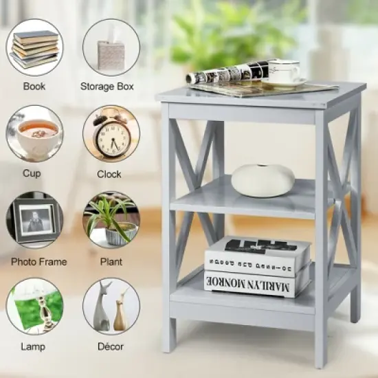 Costway 3-Tier Nightstand End Table X Design Storage Display Shelf Living Room Grey image {6}