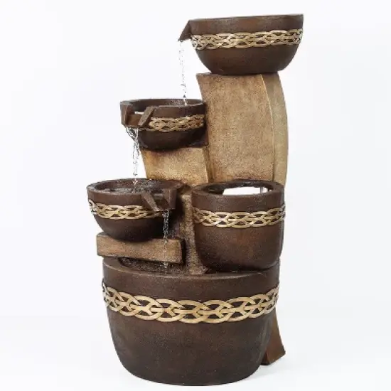 LuxenHome Brown Resin Tiered Bowls and Pot Outdoor Fountain image {2}