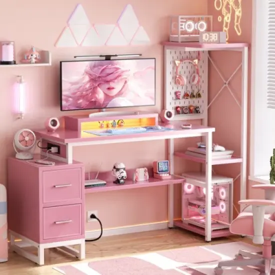 Ahealpus Computer Desk with Power Outlets and Fabric Drawers image {9}