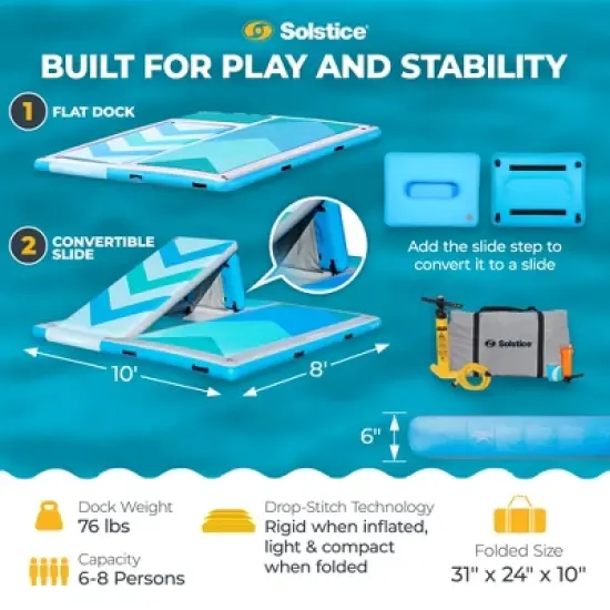 Solstice 10 Foot x 8 Foot Inflatable Convertible Floating Slide Dock Water Lounger Platform with Pump and Storage Bag for Lakes, Pools, and Rivers image {2}