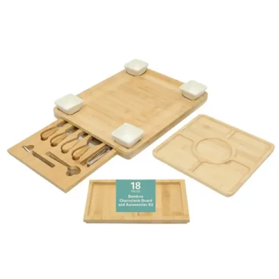 Gibson Home Rustic Inspirations 18-Piece Bamboo Charcuterie Board Set with Hidden Drawer, Ceramic Bowls, Utensils image {1}