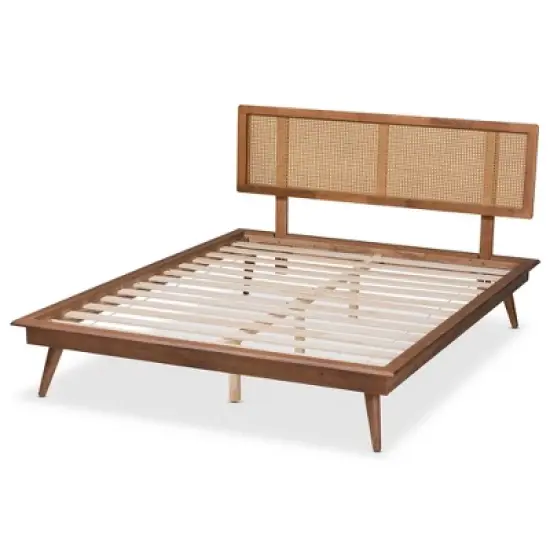 Full Nura Wood and Synthetic Rattan Platform Bed Walnut Brown - Baxton Studio image {2}
