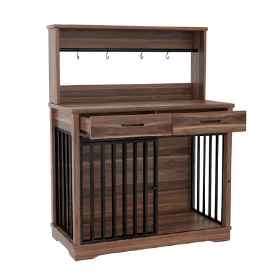 38in Dog Crate Furniture, Heavy Duty Dog Cage Table with 2 Storage Drawers and Shelves, Side End Table with Sliding Door for Dogs Indoor, Brown image {12}