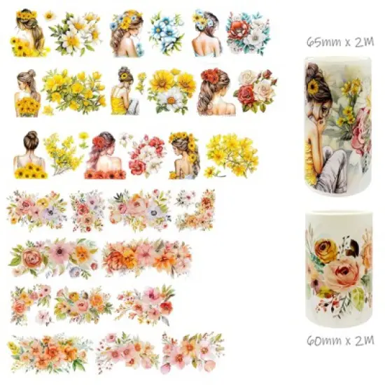 Wrapables Aesthetic Floral Fashion PET Washi Tapes for Scrapbooking, Stationery, Journaling, Diary, Card Making (Set of 2), Yellow and Coral image {1}