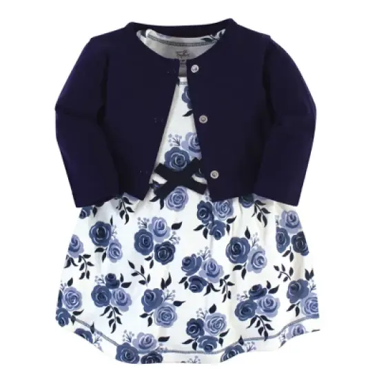 Touched by Nature Baby and Toddler Girl Organic Cotton Dress and Cardigan 2pc Set, Navy Floral image {4}