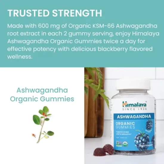 Himalaya Ashwagandha Organic Gummies, KSM-66 Organic Ashwagandha to Help with Stress Relief, 56 Gummies with Delicious BlackBerry Flavor image {5}