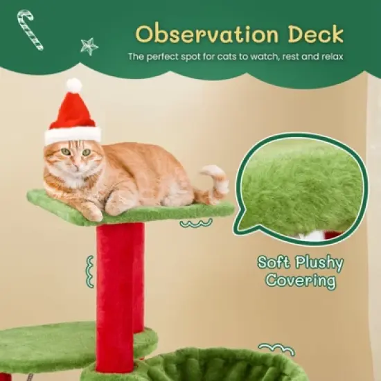 phiestina 32in Cat Scratching Posts Tower, Christmas Themed Plush Cat Tree with Hammock, Cat Massage Brush, Activity Center for Indoor Cats image {3}