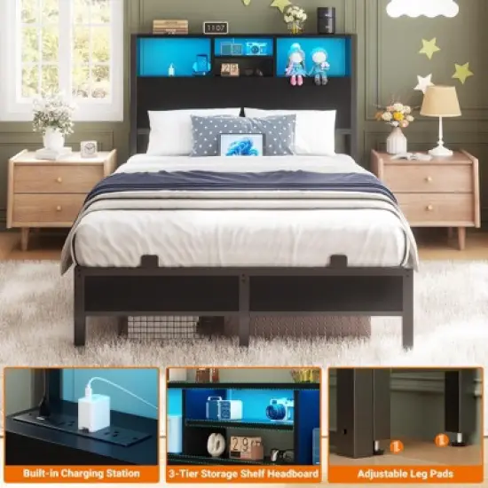 Aheaplus Storage Headboard with Power Outlets & Led Lights, Height Adjustable, Reversible Headboard image {3}