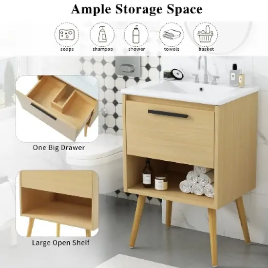 KWPZQEB 24" Bathroom Vanity with Ceramic Sink Combo, Bathroom Sink Cabinet with Drawer and Open Storage, Bathroom Cabinet Vanity for Small Space image {4}