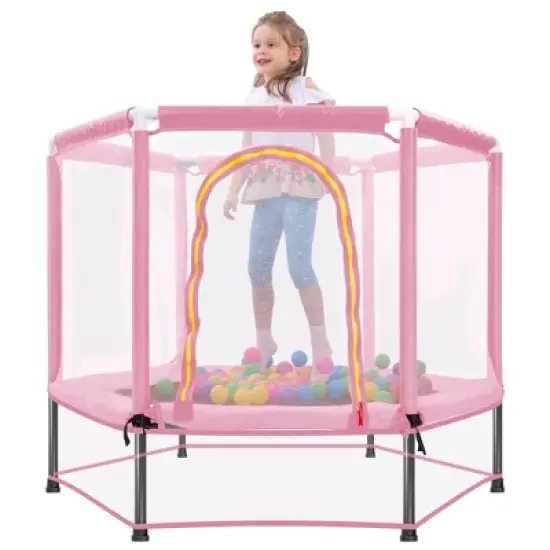 55'' Toddlers Trampoline with Safety Enclosure Net and Balls, Indoor Outdoor Mini Trampoline for Kids image {4}