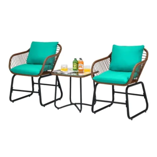 Tangkula 3 Pieces Outdoor Furniture Set Patio Bistro Set w/2 Armchairs & Tempered Glass Table White/Turquoise/Red image {3}