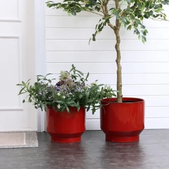 LuxenHome Ceramic Plant Pot Red Glazed Indoor Outdoor Decorative Planter with Drainage Hole and Rubber Plug Modern Round Flower Pot image {4}