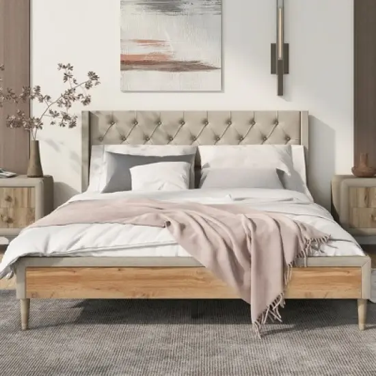 Queen Size Upholstered Wood Platform Bed-ModernLuxe image {1}