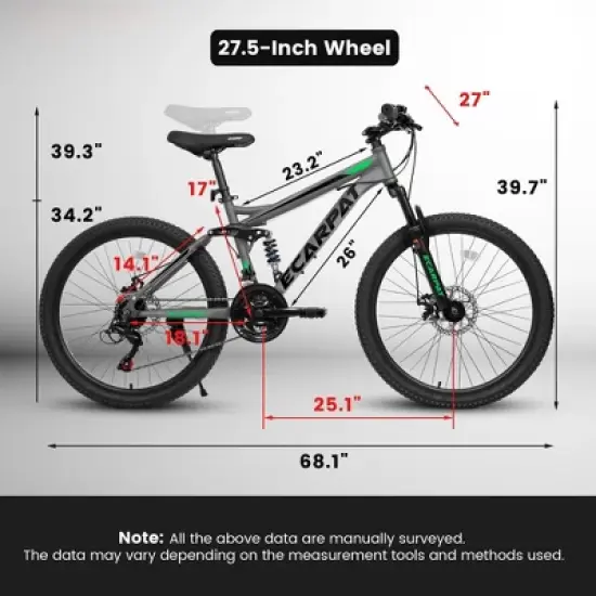 NAYSAYE Bicycle 27.5 Inch Full Suspension Mountain Bike 21 Speed with Dual Shock Absorbers for Men and Women, Gray, 68.1"*27"*39.7" image {3}