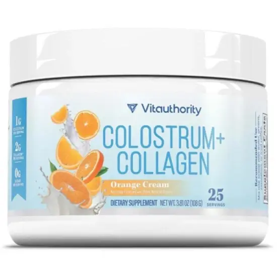 Colostrum + Collagen Powder, Colostrum Supplement with Collagen Peptides for Immunity, Hair, Skin & Nails, Orange Cream, Vitauthority, 20 servings image {3}