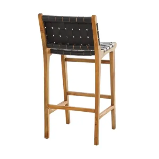 Modern Teak Woven Leather Barstool Black - Olivia & May image {4}