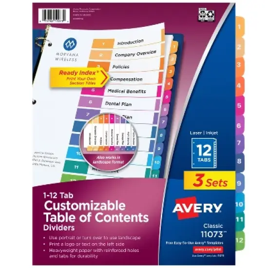 Avery Dividers for 3 Ring Binders, 12 Tabs per Set, Customizable Table of Contents, Multicolor Tabs (3 Sets of 11073) image {8}