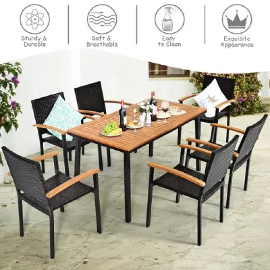 Costway 7 PCS Patio Rattan Dining Set Acacia Wood Table Top Stackable Chair image {5}