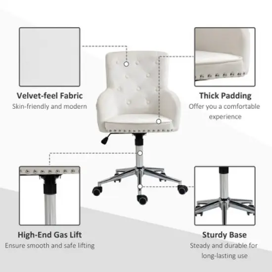 HOMCOM Modern Mid-back Desk Chair with Button Tufted Velvet Back, Nailhead Trim, Swivel Home Office Chair with Adjustable Height, Curved Padded Armrests image {4}