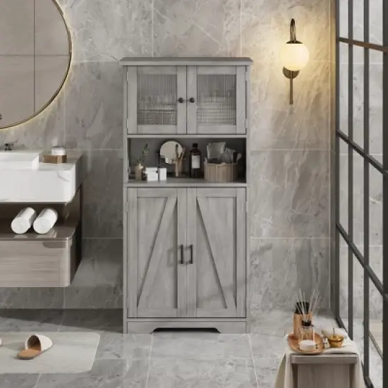 homfan Tall Bathroom Cabinet,Freestanding Storage Cabinet with Glass Doors and Adjustable Shelves, Modern Cupboard for Kitchen, Pantry, Living Room image {5}