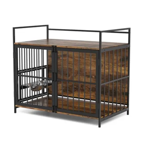 Furniture Style Large Dog Crate with 360&deg; & Adjustable Raised Feeder for Dogs 2 Stainless Steel Bowls -End Table House Pad image {2}