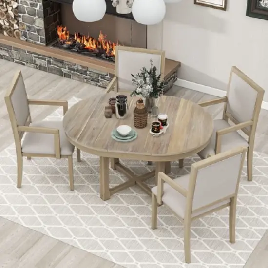 5 PCS Round Extendable Dining Table Set with Butterfly Leaf and 4 Upholstered Dining Armchairs-ModernLuxe image {1}
