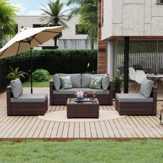 UPHA 5-Piece Rattan Patio Sofa Conversation Set with Cushions image {13}