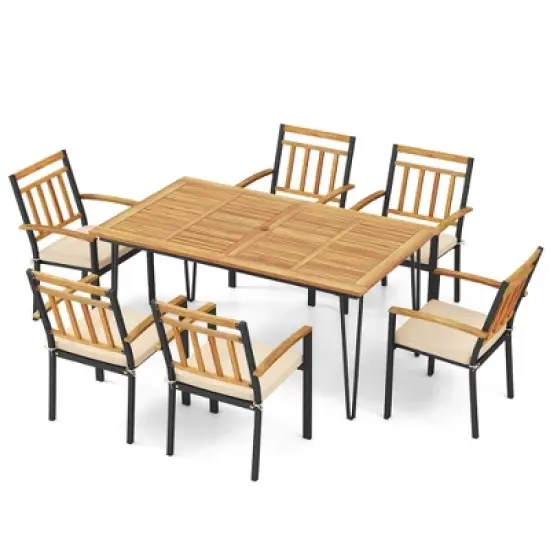 Costway 7 PCS Patio Dining Set with Acacia Wood Dining Table Rattan Armchairs Soft Cushions image {6}
