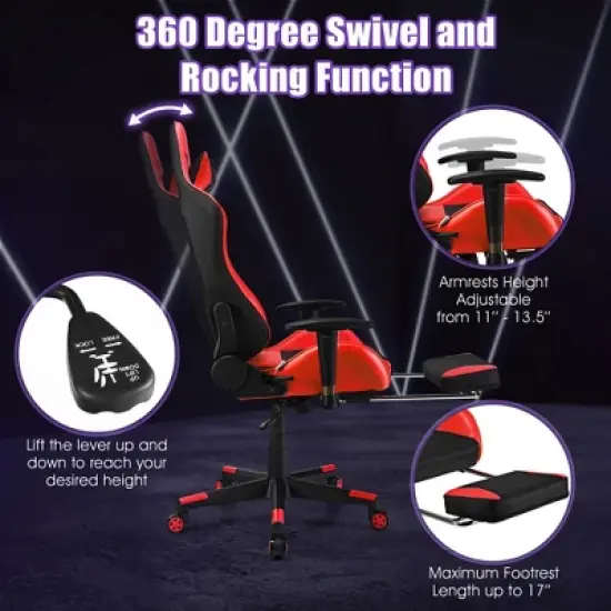Costway  Gaming Chair Massage Reclining Racing Office Computer Chair with Footrest Red image {8}