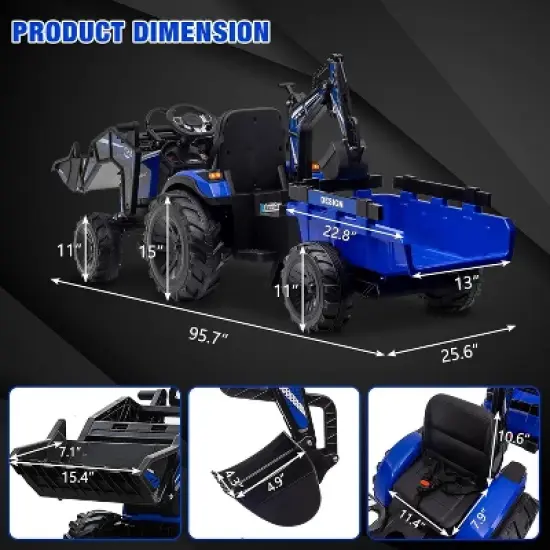 3-in-1 Ride-on Car, Ride-on Tractor with Bucket, Excavator Trailer with Remote Control, EVA Tires, LED Lights, Music, USB Port image {4}
