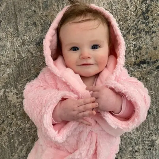 EVERYDAY KIDS Pink Baby Fleece Robe with Hood Cozy Hooded Bathrobe for Girls Ages 0-9 Months Soft, Warm, Lightweight Infant Sleepwear, Loungewear image {2}