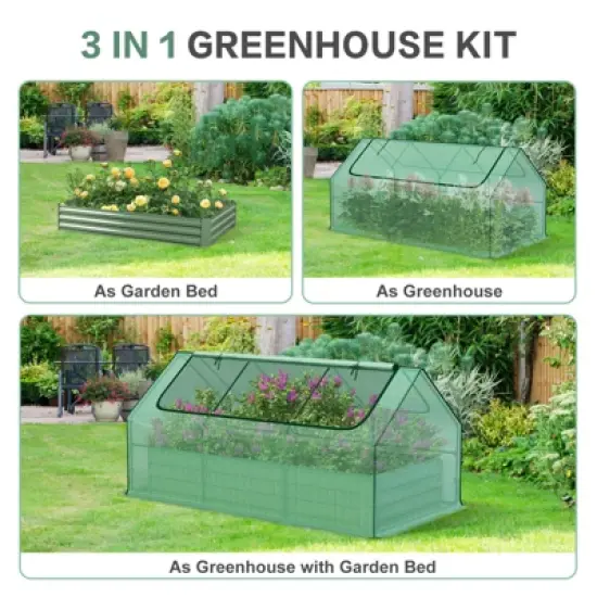 Aoodor 6 x 3 x 1 ft Raised Garden Bed with Mini Greenhouse Kit, Metal Planter Box with 2 Roll-Up Zipper Doors for Vegetables, Herbs, and Flowers image {6}