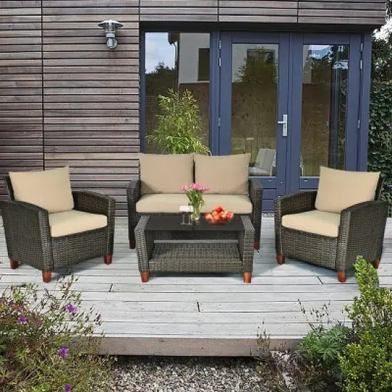 Tangkula 4PCS Cushioned Rattan Conversation Set w/ Coffee Table Patio Outdoor image {2}