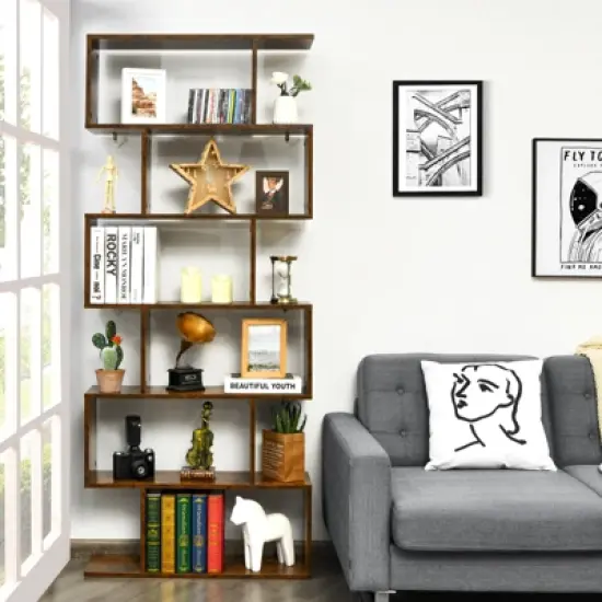 Tangkula 6-Tier S-Shaped Wooden Bookshelf Storage Bookcase Multifunctional  Display Stand Shelf image {1}
