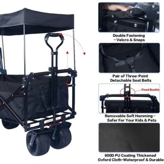 Collapsible Wagon 140L Wagons Carts Foldable with Removable Canopy, Folding Wagon Cart with Wheels for All-Terrain with Brake, Cooler Bag image {3}