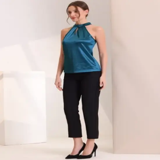 Allegra K Women's Work Mock Halter Neck Pleated Keyhole Sleeveless Satin Tank Tops image {3}