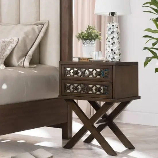 Mirrored Diamond Filigree X Base Nightstand/Table Walnut - Leick Home image {1}