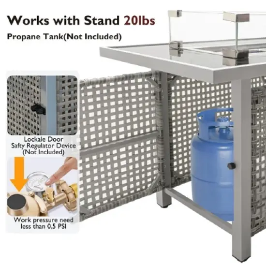 43" Propane Gas Fire Pit Table, 60000 BTU Rectangular Open Weave Wicker Fire Pit with Glass Wind Guard for Outside Patio Deck Garden Backyard - Grey image {5}