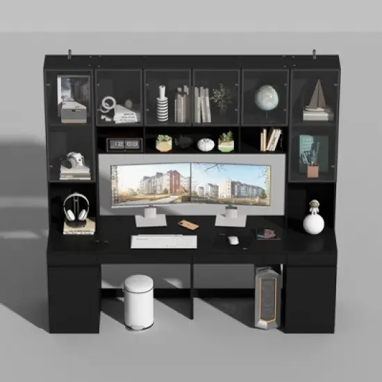 Famapy Black Spacious Double Desk Workstation Light Strips USB Ports image {5}