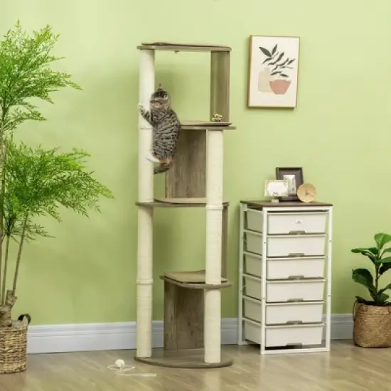 PawHut 65" Corner Modern Cat Tree Tall for Climbing, Large Multilevel Cat Tower with Scratching Posts, Small-Fit Kitten Tower with Sisal, Cream White image {1}