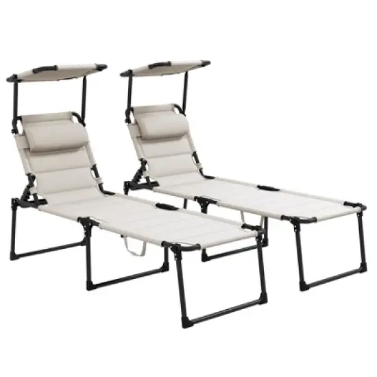 TIRAMISUBEST Set of 2 Adjustable Lounge Chairs - Outdoor Folding Chaise Lounges with Sunshade & Pillow, Reclining Tanning Chairs (Cream White) image {9}