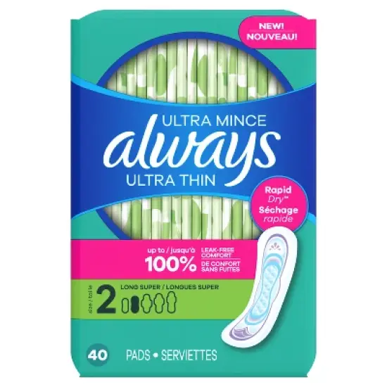 Always Ultra Thin Pads Size 2 Super Long Absorbency Unscented Without Wings - 40ct image {8}