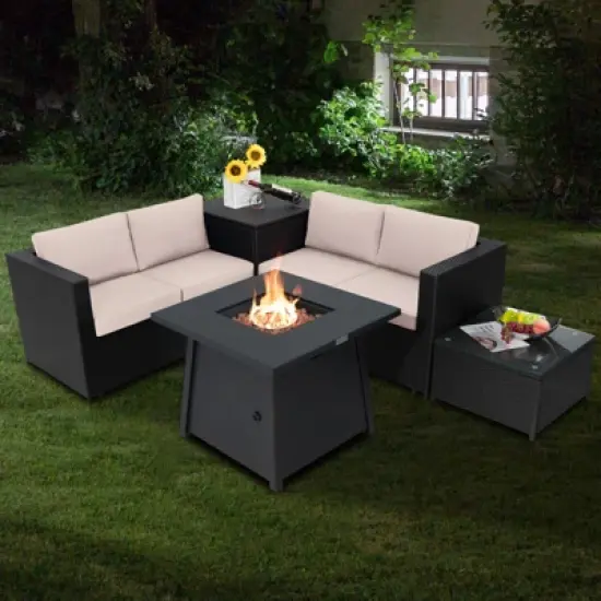 Tangkula 5-Piece Outdoor Patio Furniture Set with 50,000 BTU Propane Fire Pit Table Patio Conversation Set w/ Cushions, Storage Box, Coffee Table image {2}