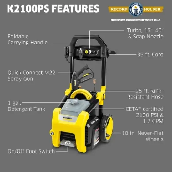 Karcher K2100PS Electric Pressure Washer, 2100 PSI, 1.2 GPM, CETA Certified image {1}