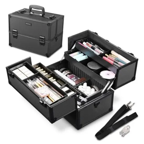 Byootique 14"x8"x10" Lockable ABS Aluminum Cosmetic Makeup Case Box Train  Black image {9}