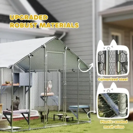 PawHut Catio Outdoor Cat Enclosure, 94.5" Extra Large Walk-in Cat House with Waterproof Cover, 2 Resting Boxes, 7 Jumping Platforms, for 5 Kittens image {4}